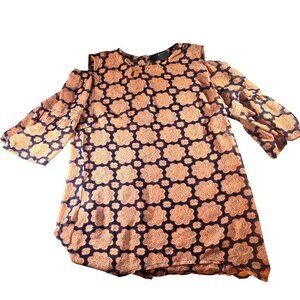 Womens Floral blouse back buttons shirt Cold Shoulder AX Paris sheer Sz 12